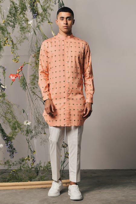 Shop Project Bandi Peach Cotton Satin Piccolo Palm Print Kurta Set at Aza Fashions Shop_Project Bandi_Peach Cotton Satin Piccolo Palm Print Kurta Set_at_Aza_Fashions