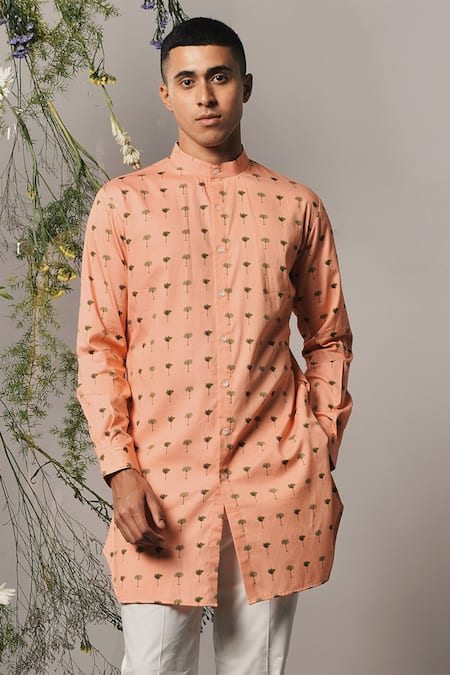 Project Bandi Peach Cotton Satin Piccolo Palm Print Kurta Set Online at Aza Fashions Project Bandi_Peach Cotton Satin Piccolo Palm Print Kurta Set_Online_at_Aza_Fashions