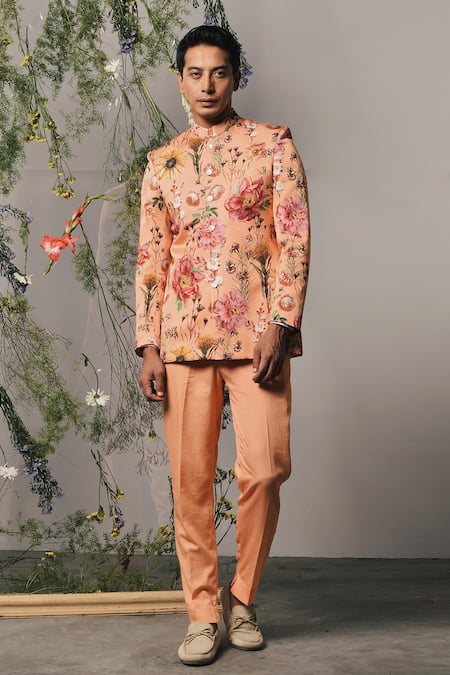 Shop_Project Bandi_Peach Linen, Satin Floral Print Bandhgala Set _at_Aza_Fashions