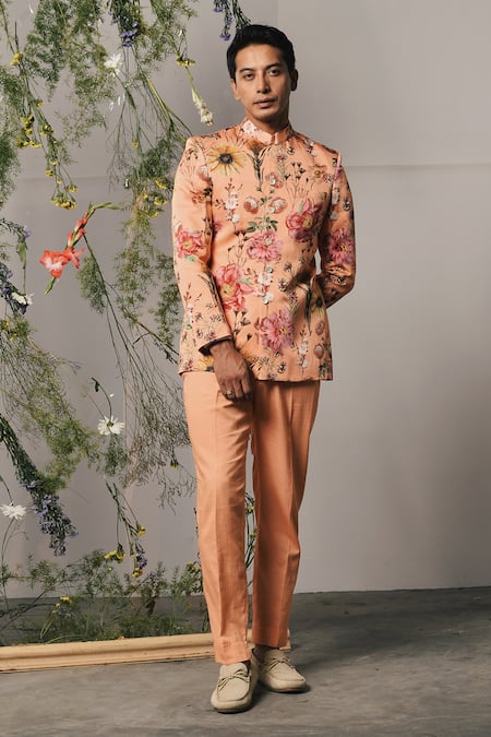 Project Bandi_Peach Linen, Satin Floral Print Bandhgala Set _Online_at_Aza_Fashions