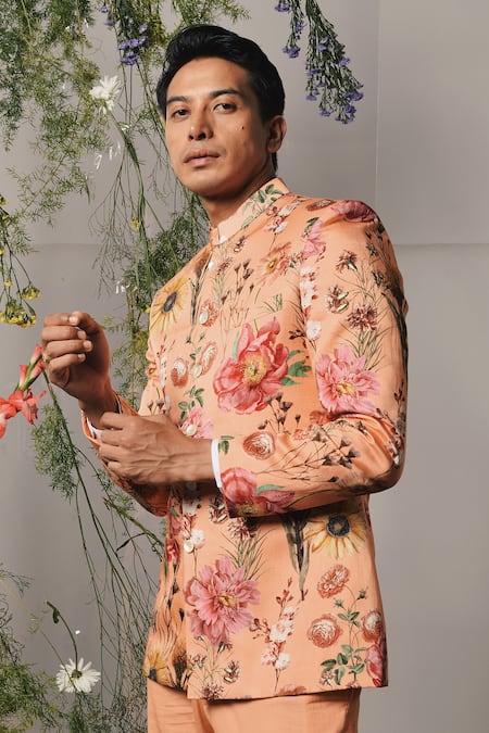 Buy_Project Bandi_Peach Linen, Satin Floral Print Bandhgala Set _Online_at_Aza_Fashions