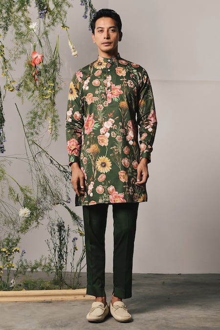 Project Bandi Green Cotton Satin Embroidery Pine Roma Floral Print Kurta Set