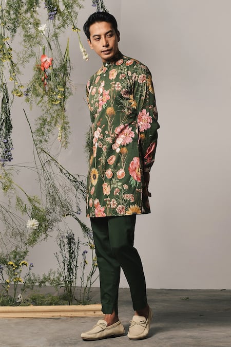 Shop Project Bandi Green Cotton Satin Embroidery Pine Roma Floral Print Kurta Set at Aza Fashions Shop_Project Bandi_Green Cotton Satin Embroidery Pine Roma Floral Print Kurta Set _at_Aza_Fashions