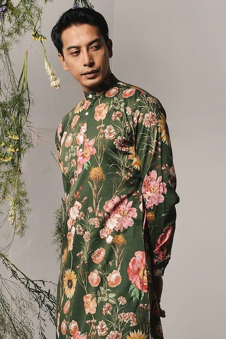 Project Bandi Green Cotton Satin Embroidery Pine Roma Floral Print Kurta Set Online at Aza Fashions Project Bandi_Green Cotton Satin Embroidery Pine Roma Floral Print Kurta Set _Online_at_Aza_Fashions
