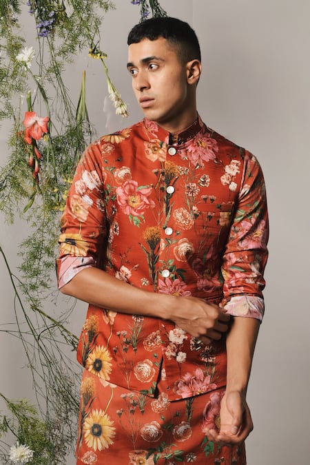 Project Bandi Red Floral Printed Bundi 