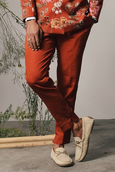 Project Bandi_Red Linen, Satin Brooches Roma Floral Print Bandhgala Set _Online_at_Aza_Fashions