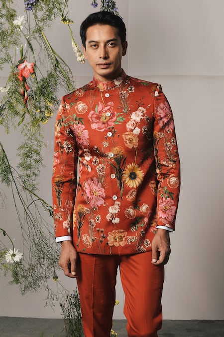 Shop_Project Bandi_Red Linen, Satin Brooches Roma Floral Print Bandhgala Set _Online_at_Aza_Fashions