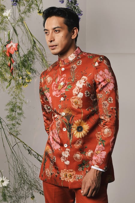 Project Bandi_Red Linen, Satin Brooches Roma Floral Print Bandhgala Set _at_Aza_Fashions