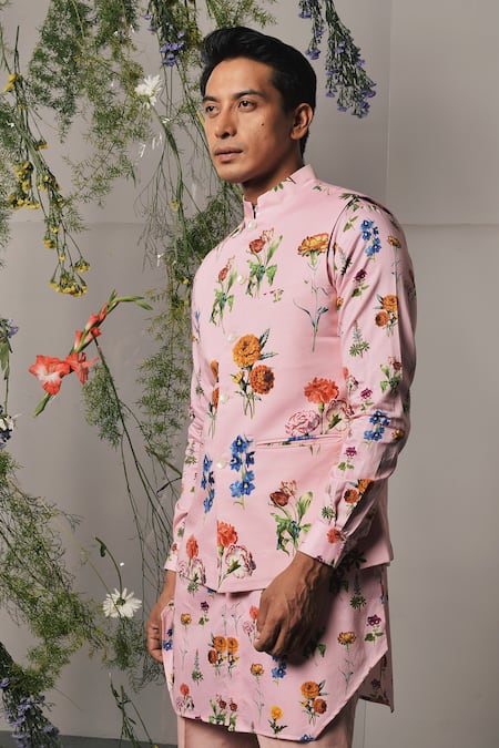 Project Bandi_Pink Cotton Satin Rose Print Sleeveless Bundi _Online_at_Aza_Fashions