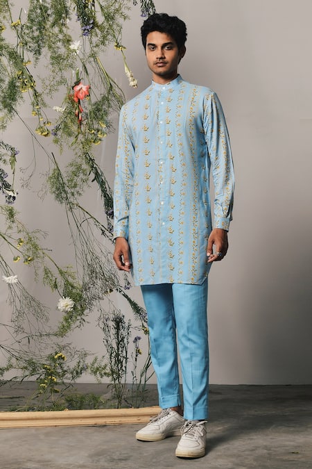 Shop Project Bandi Blue Rayon Embroidery Riviera Floral Print Kurta Set at Aza Fashions Shop_Project Bandi_Blue Rayon Embroidery Riviera Floral Print Kurta Set _at_Aza_Fashions