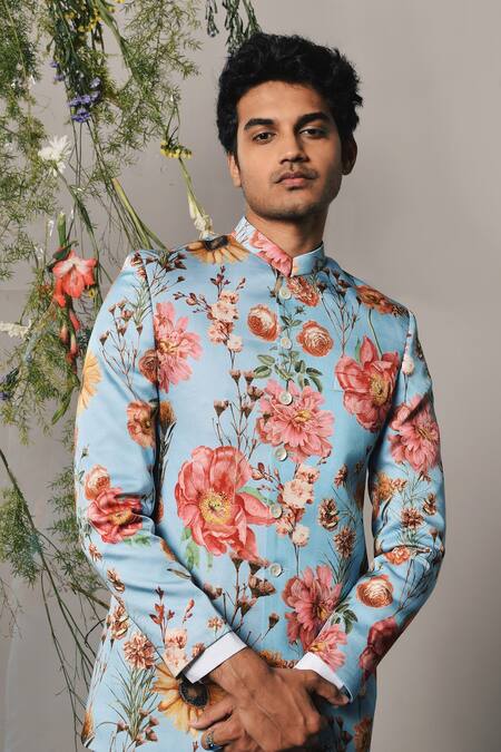 Shop Project Bandi Blue Linen, Satin Roma Floral Print Bandhgala Set at Aza Fashions Shop_Project Bandi_Blue Linen, Satin Roma Floral Print Bandhgala Set_at_Aza_Fashions