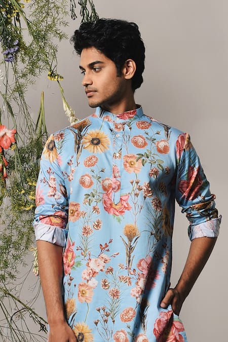 Project Bandi_Blue Cotton Satin Embroidery Roma Printed Kurta Set _Online_at_Aza_Fashions