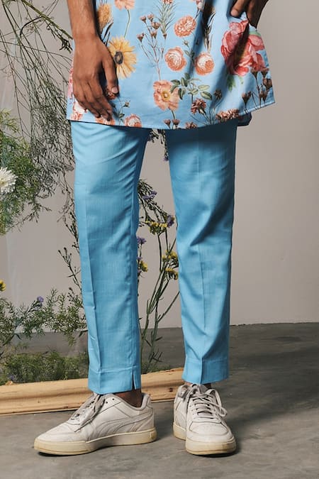 Buy_Project Bandi_Blue Cotton Satin Embroidery Roma Printed Kurta Set _Online_at_Aza_Fashions