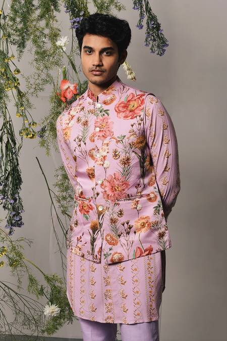 Shop Project Bandi Purple Linen, Satin Lilac Bloom Print Bundi at Aza Fashions Shop_Project Bandi_Purple Linen, Satin Lilac Bloom Print Bundi_at_Aza_Fashions