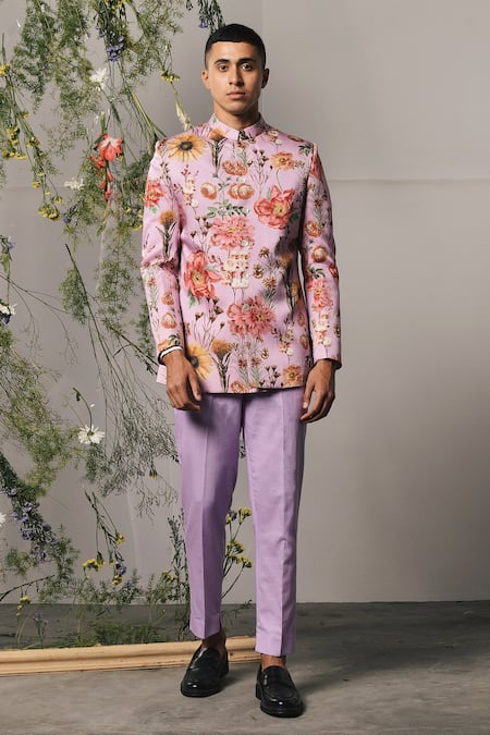 Shop_Project Bandi_Purple Linen, Satin Embroidery Roma Bloom Print Bandhgala Set_at_Aza_Fashions