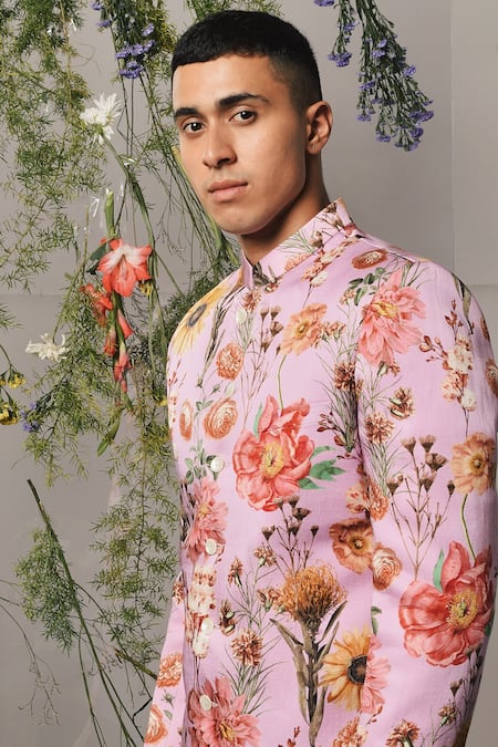 Project Bandi_Purple Linen, Satin Embroidery Roma Bloom Print Bandhgala Set_Online_at_Aza_Fashions