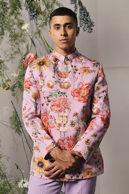 Shop_Project Bandi_Purple Linen, Satin Embroidery Roma Bloom Print Bandhgala Set_Online_at_Aza_Fashions