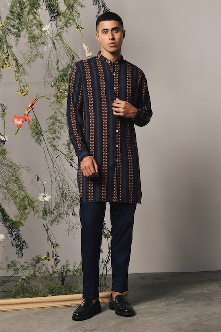 Project Bandi Riga Stripe Leaf Print Kurta Set 