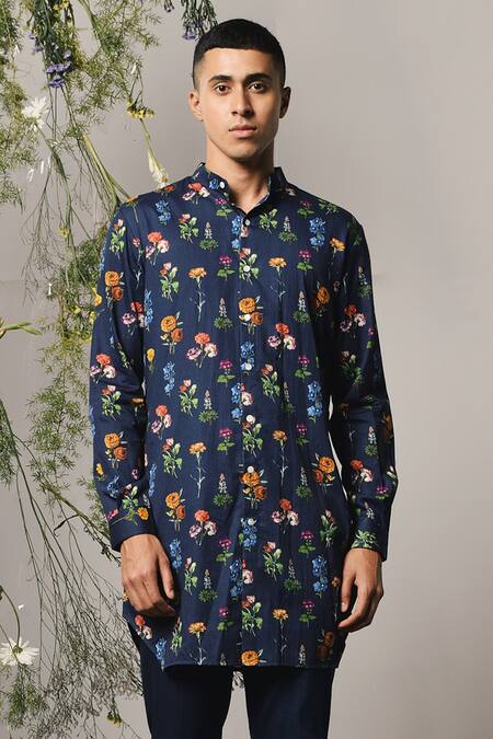 Project Bandi_Blue Cotton Satin Embroidery Vita Bloom Print Kurta Set _Online_at_Aza_Fashions