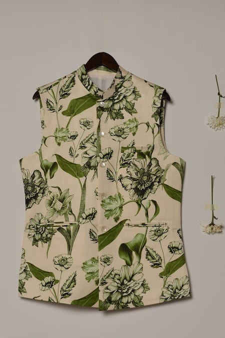 Shop Project Bandi Green Linen, Satin Bloom Print Olive Bundi at Aza Fashions Shop_Project Bandi_Green Linen, Satin Bloom Print Olive Bundi_at_Aza_Fashions