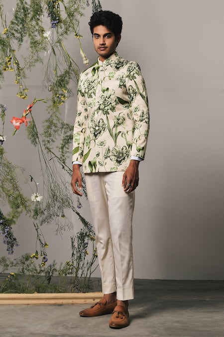 Shop Project Bandi Green Linen, Satin Beads Brava Bloom Print Bandhgala Set at Aza Fashions Shop_Project Bandi_Green Linen, Satin Beads Brava Bloom Print Bandhgala Set_at_Aza_Fashions