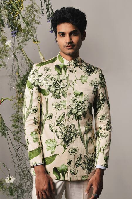 Project Bandi Green Linen, Satin Beads Brava Bloom Print Bandhgala Set Online at Aza Fashions Project Bandi_Green Linen, Satin Beads Brava Bloom Print Bandhgala Set_Online_at_Aza_Fashions