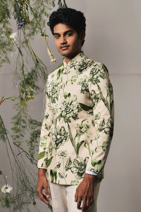 Buy Project Bandi Green Linen, Satin Beads Brava Bloom Print Bandhgala Set Online at Aza Fashions Buy_Project Bandi_Green Linen, Satin Beads Brava Bloom Print Bandhgala Set_Online_at_Aza_Fashions