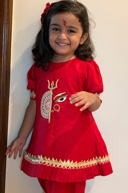 Rage Attire-Sweta Saria Red Cotton, Silk Embroidery Placed Goddess Pattern Kurta With Tulip Pant 