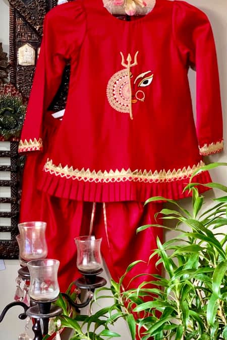 Shop Rage Attire-Sweta Saria Red Cotton, Silk Embroidery Placed Goddess Pattern Kurta With Tulip Pant at Aza Fashions Shop_Rage Attire-Sweta Saria_Red Cotton, Silk Embroidery Placed Goddess Pattern Kurta With Tulip Pant _at_Aza_Fashions