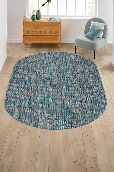 Kaleen India Blue 100% Wool Handwoven Checkered Pattern Torquoise Oval Rug 