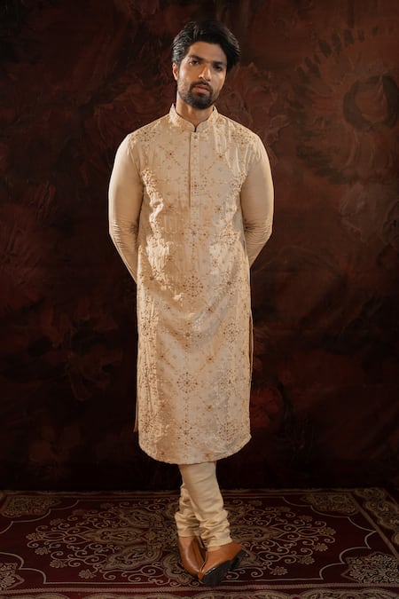 Shop Darshika Menswear Beige Silk Embroidery French Knot Kurta With Churidar at Aza Fashions Shop_Darshika Menswear_Beige Silk Embroidery French Knot Kurta With Churidar _at_Aza_Fashions