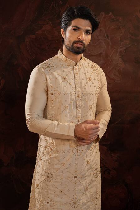 Darshika Menswear Beige Silk Embroidery French Knot Kurta With Churidar Online at Aza Fashions Darshika Menswear_Beige Silk Embroidery French Knot Kurta With Churidar _Online_at_Aza_Fashions