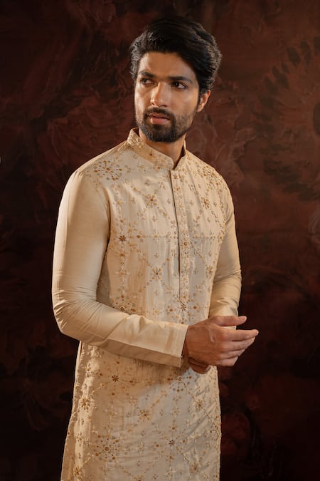 Buy Darshika Menswear Beige Silk Embroidery French Knot Kurta With Churidar Online at Aza Fashions Buy_Darshika Menswear_Beige Silk Embroidery French Knot Kurta With Churidar _Online_at_Aza_Fashions