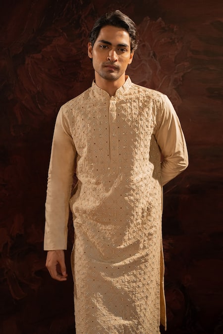 Shop Darshika Menswear Beige Silk Pearls, Embroidery Kurta With Churidar at Aza Fashions Shop_Darshika Menswear_Beige Silk Pearls, Embroidery Kurta With Churidar _at_Aza_Fashions