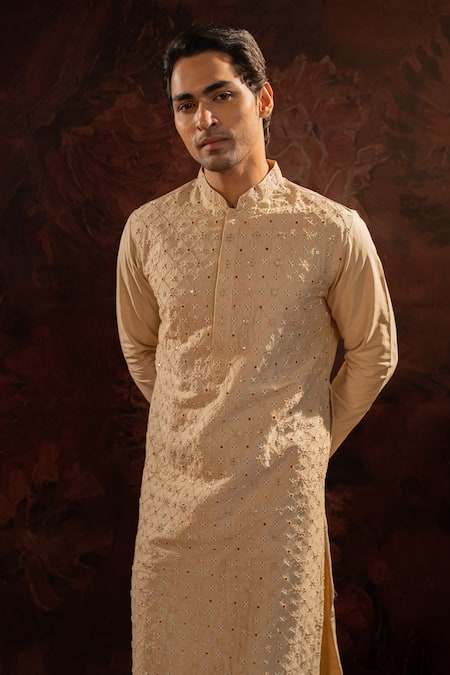 Darshika Menswear Beige Silk Pearls, Embroidery Kurta With Churidar Online at Aza Fashions Darshika Menswear_Beige Silk Pearls, Embroidery Kurta With Churidar _Online_at_Aza_Fashions