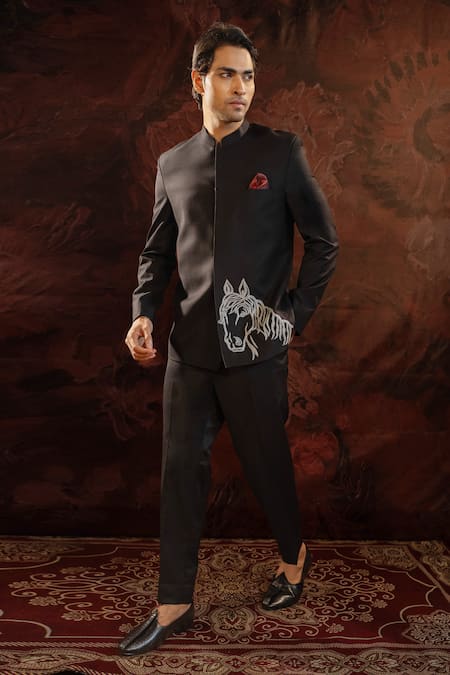 Darshika Menswear Placement Horse Motif Embroidered Bandhgala With Trouser 