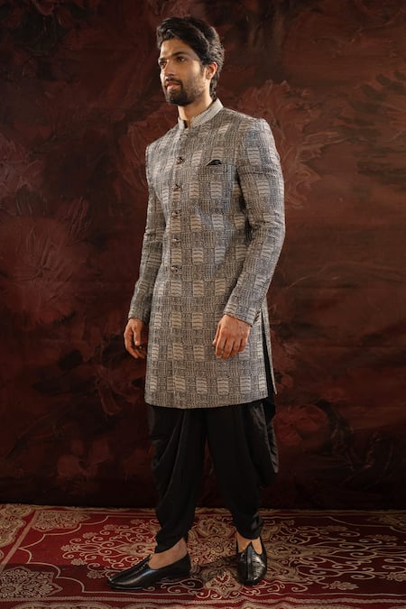 Darshika Menswear Black , Satin Embroidery Abstract Thread Bandhgala With Cowl Pant