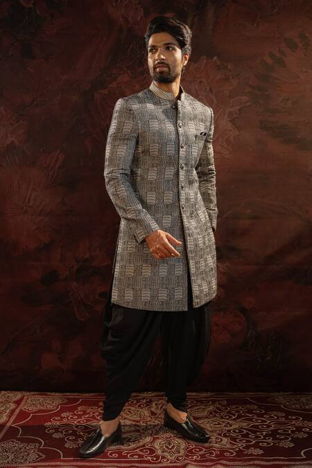 Shop Darshika Menswear Black , Satin Embroidery Abstract Thread Bandhgala With Cowl Pant at Aza Fashions Shop_Darshika Menswear_Black , Satin Embroidery Abstract Thread Bandhgala With Cowl Pant_at_Aza_Fashions