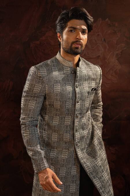 Darshika Menswear Black , Satin Embroidery Abstract Thread Bandhgala With Cowl Pant Online at Aza Fashions Darshika Menswear_Black , Satin Embroidery Abstract Thread Bandhgala With Cowl Pant_Online_at_Aza_Fashions