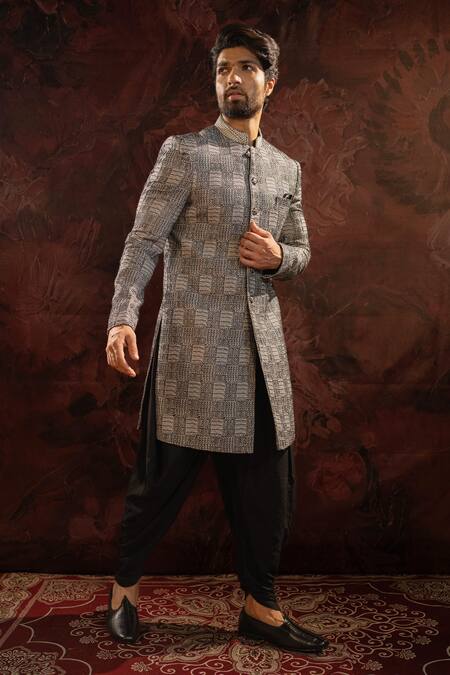 Buy Darshika Menswear Black , Satin Embroidery Abstract Thread Bandhgala With Cowl Pant Online at Aza Fashions Buy_Darshika Menswear_Black , Satin Embroidery Abstract Thread Bandhgala With Cowl Pant_Online_at_Aza_Fashions