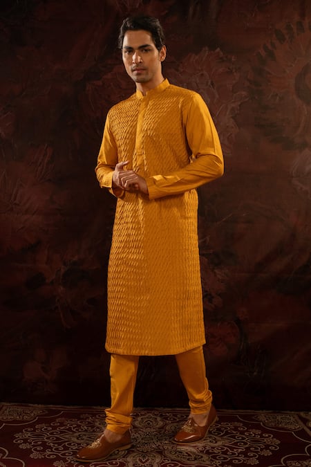 Darshika Menswear Yellow Cotton Silk Pintuck Pattern Kurta With Churidar 