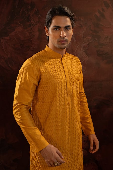 Darshika Menswear Yellow Cotton, Silk Pintuck Pattern Kurta With Churidar Online at Aza Fashions Darshika Menswear_Yellow Cotton, Silk Pintuck Pattern Kurta With Churidar _Online_at_Aza_Fashions
