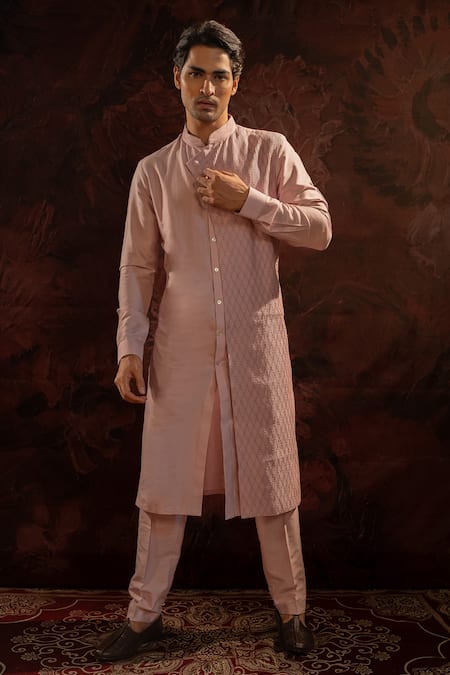 Shop Darshika Menswear Purple Cotton, Silk Pearls Pintuck Pattern Kurta With Pant at Aza Fashions Shop_Darshika Menswear_Purple Cotton, Silk Pearls Pintuck Pattern Kurta With Pant _at_Aza_Fashions