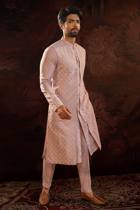 Darshika Menswear_Purple Cotton, Silk Embroidery Floral Motif Kurta With Pant _Online_at_Aza_Fashions