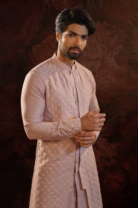 Buy_Darshika Menswear_Purple Cotton, Silk Embroidery Floral Motif Kurta With Pant _Online_at_Aza_Fashions