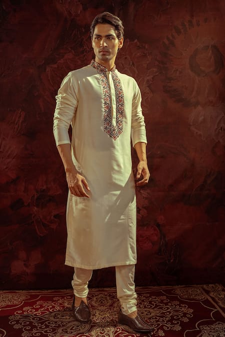 Darshika Menswear Off White Cotton Silk Embroidered Placket Geometric Kurta With Churidar 