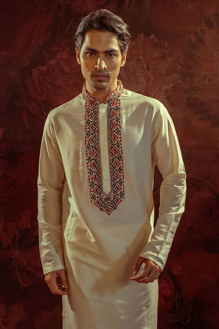 Shop_Darshika Menswear_Off White Cotton, Silk Embroidery Placket Kurta With Churidar _at_Aza_Fashions