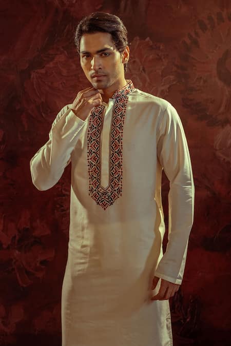 Darshika Menswear_Off White Cotton, Silk Embroidery Placket Kurta With Churidar _Online_at_Aza_Fashions