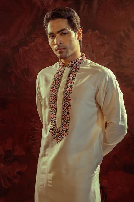 Buy_Darshika Menswear_Off White Cotton, Silk Embroidery Placket Kurta With Churidar _Online_at_Aza_Fashions