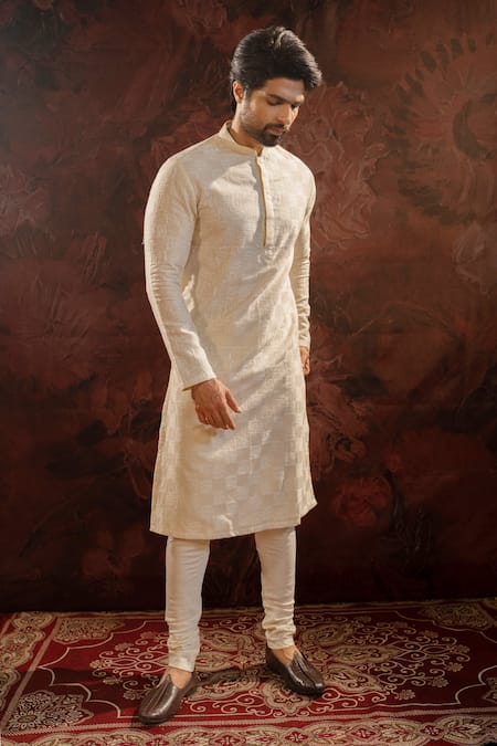 Shop Darshika Menswear Off White Silk Embroidery Abstract Kurta With Churidar at Aza Fashions Shop_Darshika Menswear_Off White Silk Embroidery Abstract Kurta With Churidar _at_Aza_Fashions